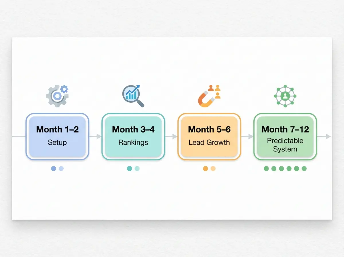 Local SEO results timeline showing contractor ranking growth and lead generation over 3 to 12 months