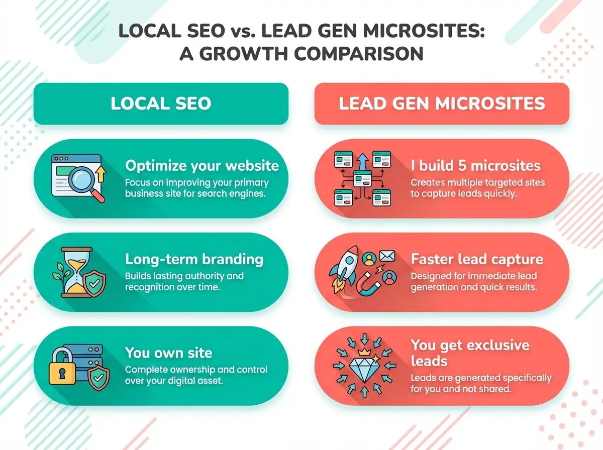 Comparison of traditional local SEO services versus microsite lead generation system for contractors