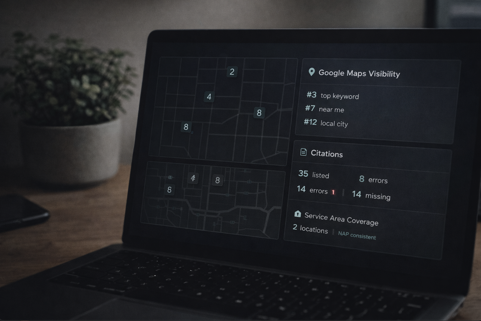Local SEO audit dashboard showing Google Maps visibility and citation analysis