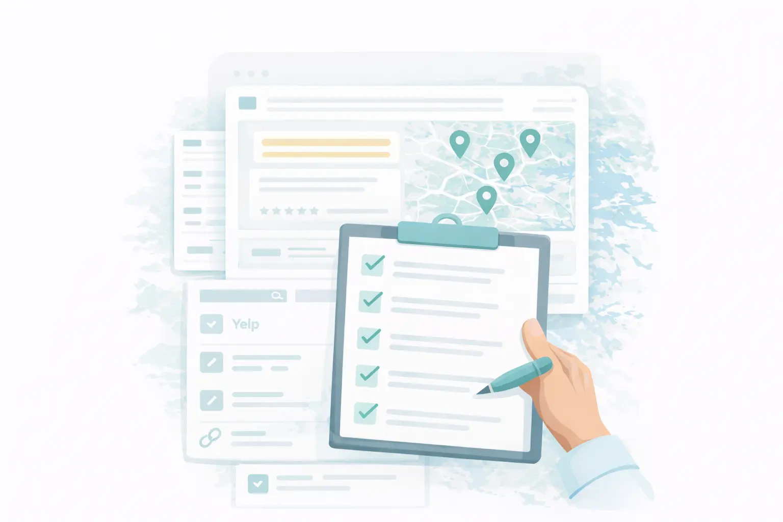 Illustration of a local SEO checklist with map pins and website improvements for Rochester NH service contractors
