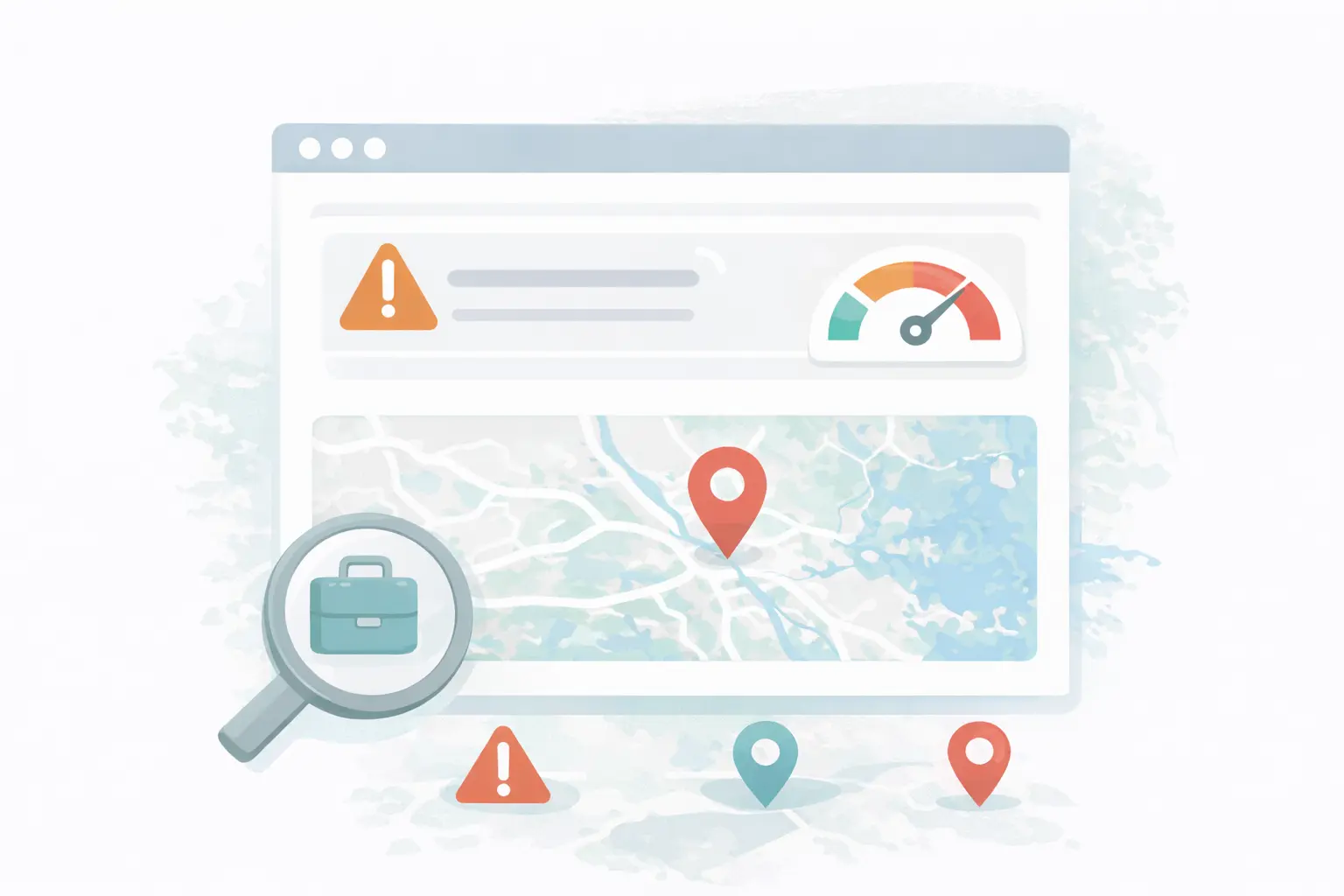 Illustration showing common local SEO problems like poor rankings, slow website speed, and incomplete Google Business Profile optimization