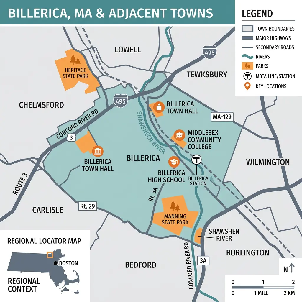 Billerica MA map of adjacent towns and major roads and highways