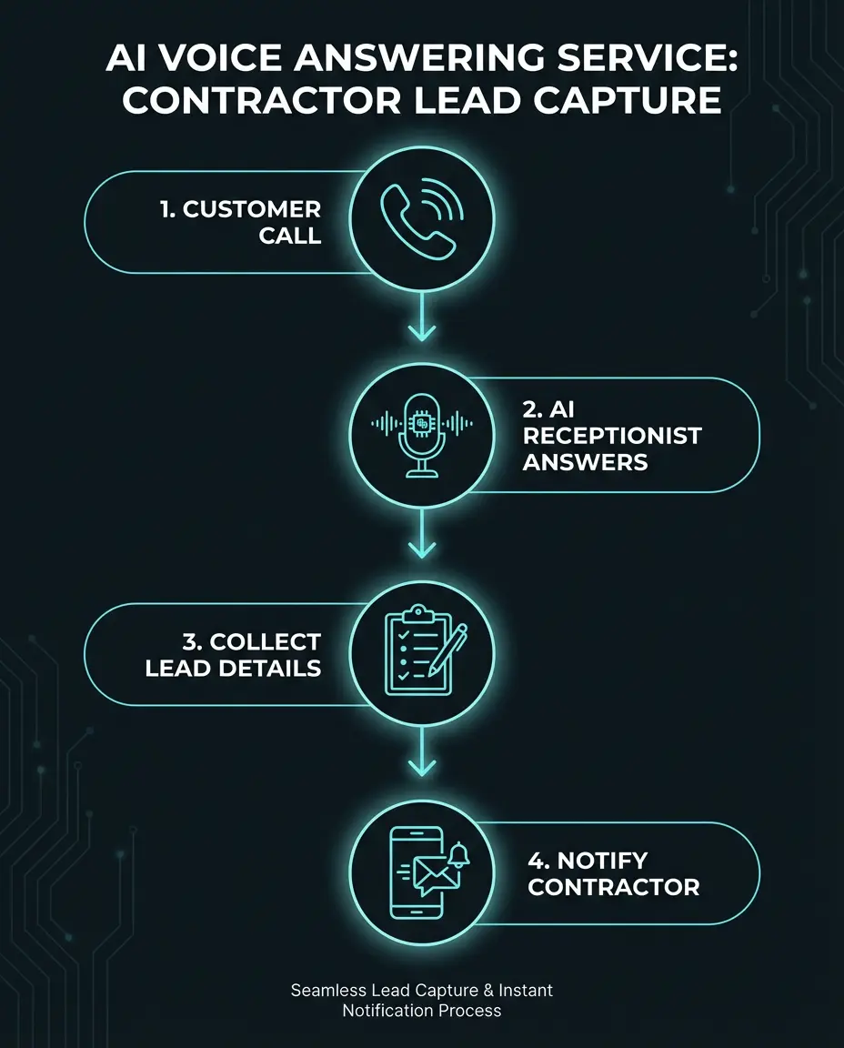 Diagram showing how an AI voice answering service answers contractor calls, captures customer details, and sends the lead information to the contractor.