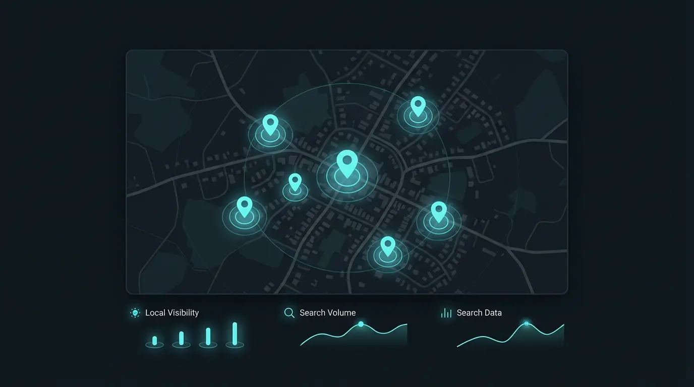 Local SEO map visualization showing contractor service area coverage and visibility across multiple towns.