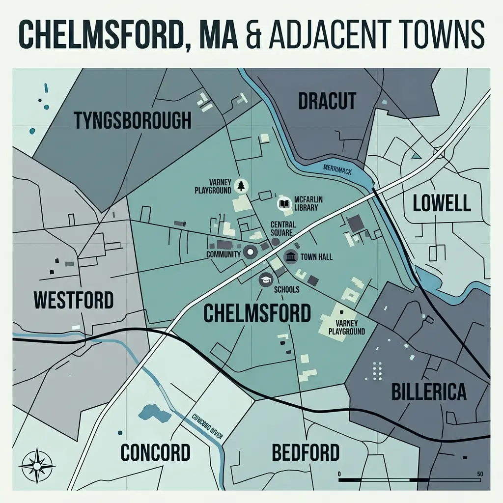 Chelmsford MA map of adjacent towns 