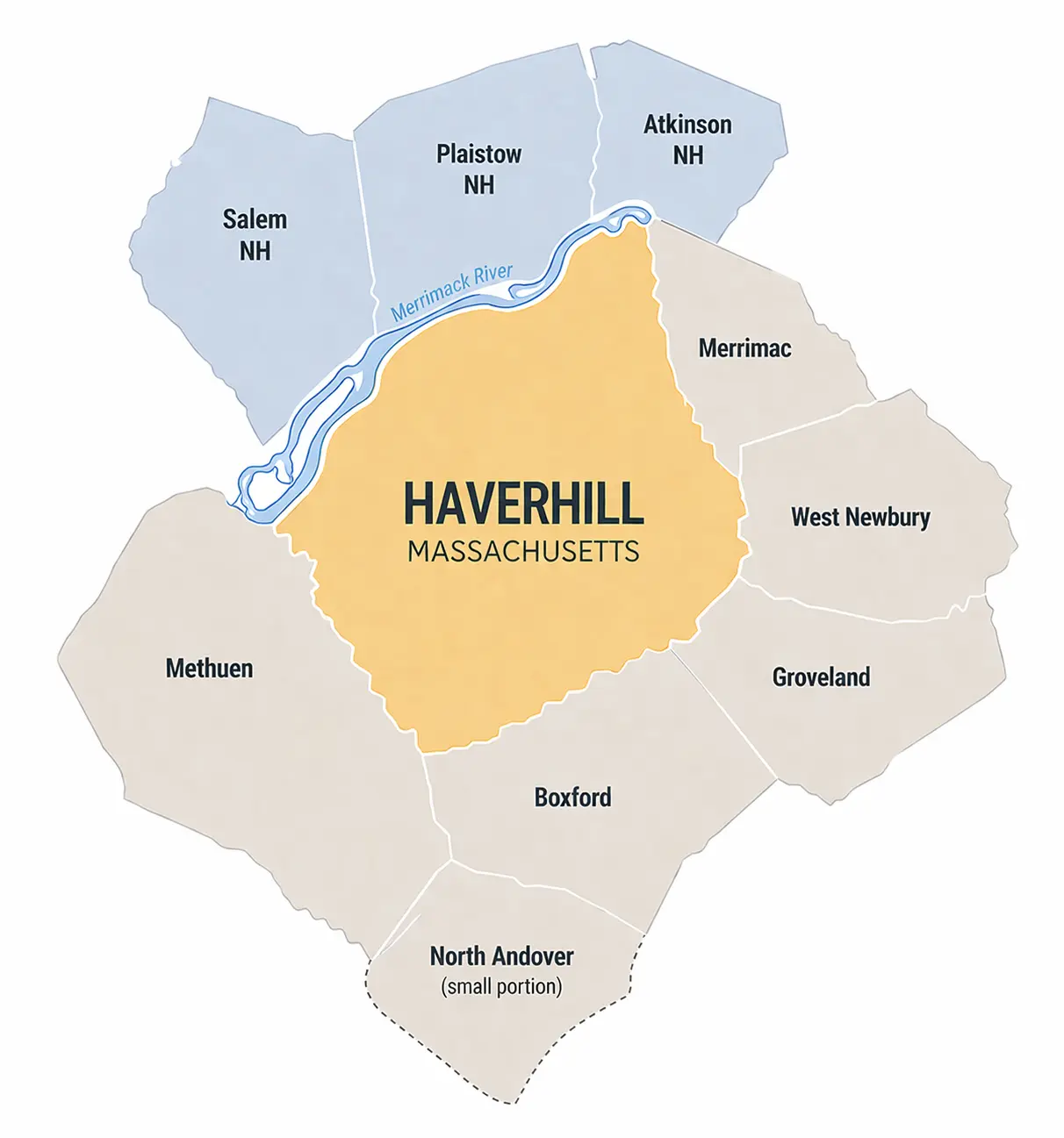 Clean map showing Haverhill MA and surrounding towns including Bradford Groveland Merrimac Georgetown West Newbury Newbury Plaistow NH Salem NH and Atkinson NH