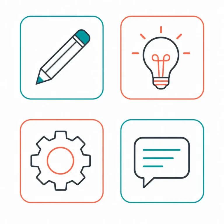 Image of 4 small icons, a pencil, lightbulb, gear and speech bubble to illustrate what chatgpt can help you with.