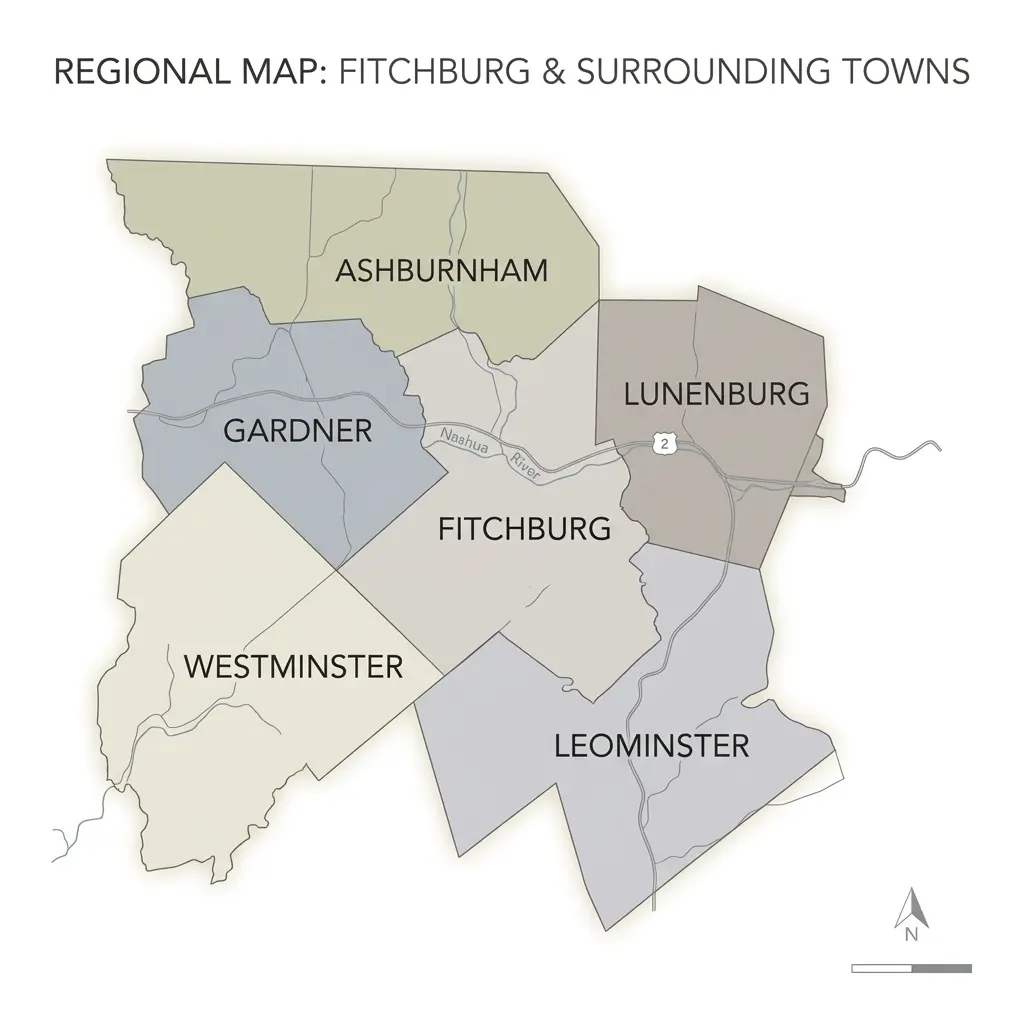 Map of Fitchburg Massachusetts and surrounding towns including Leominster and Gardner