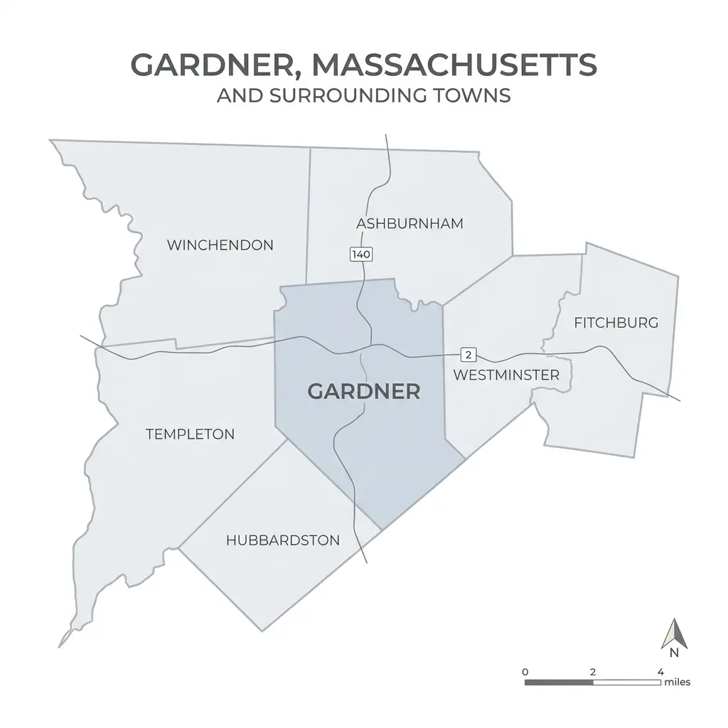 Map of Gardner Massachusetts and surrounding towns including Winchendon and Templeton