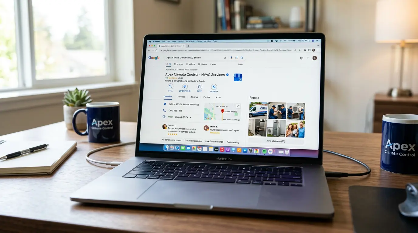 Fully optimized Google Business Profile for an HVAC contractor displayed on a laptop