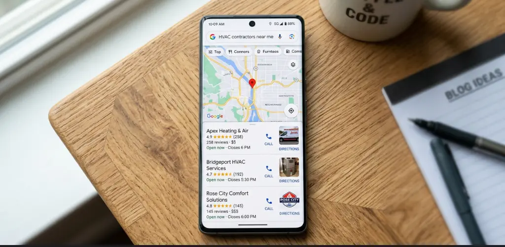 Google Maps local pack showing HVAC contractor results on a smartphone screen