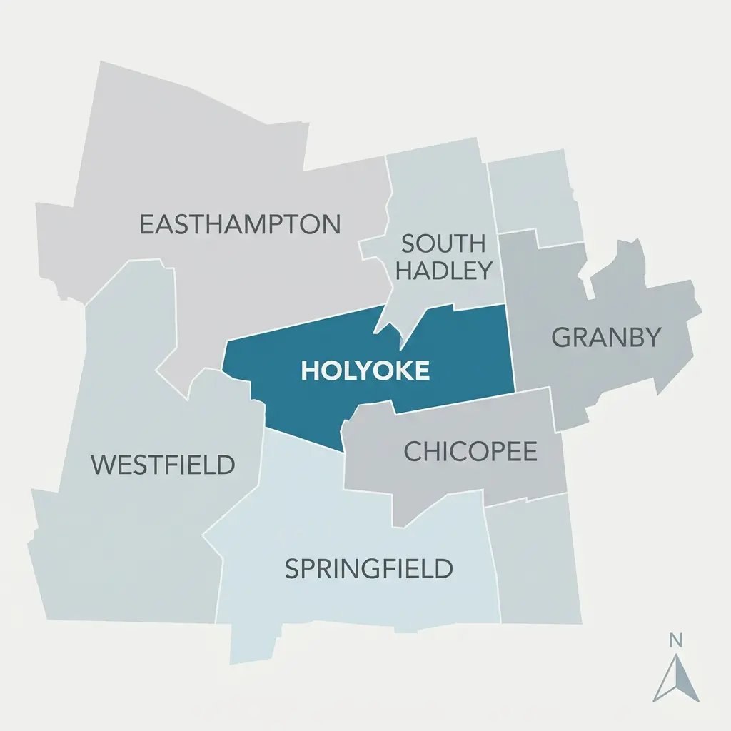 Map showing Holyoke MA and surrounding service areas