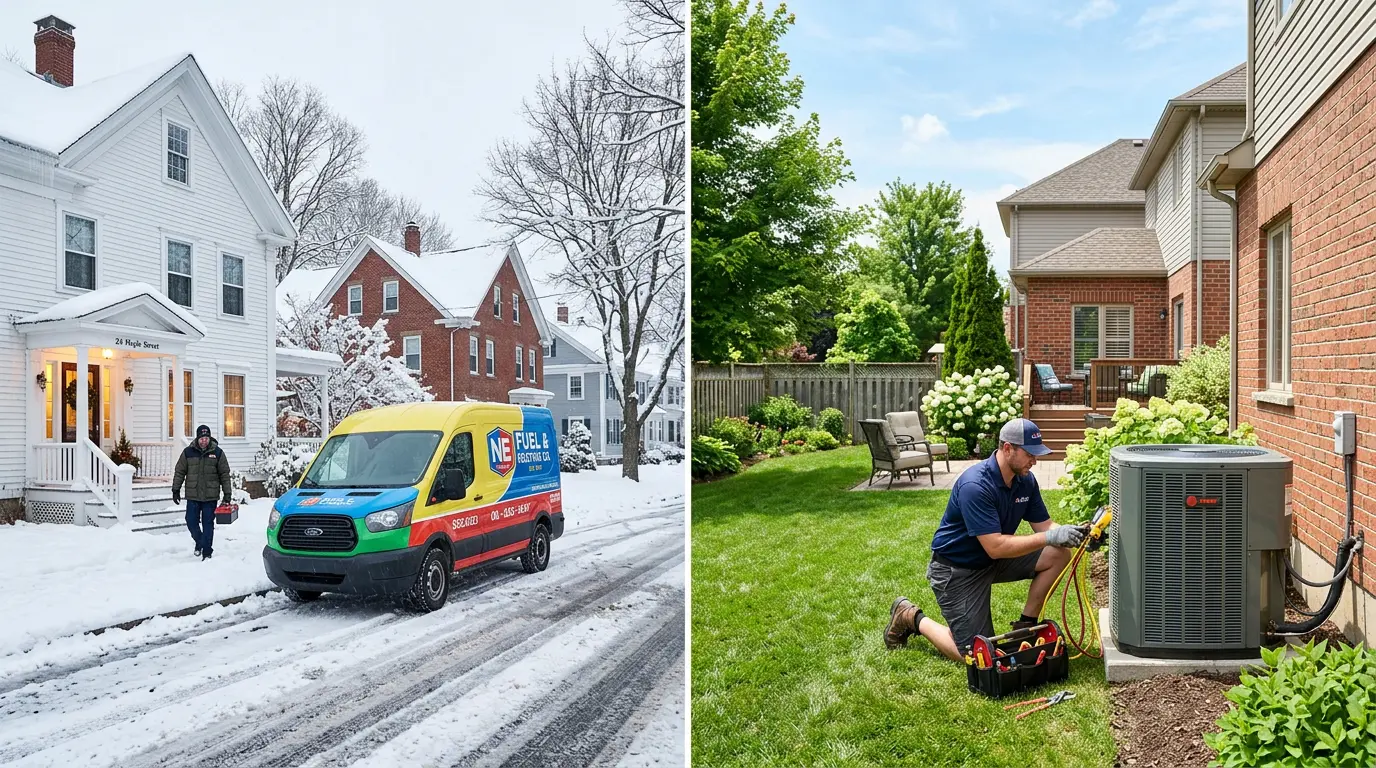 HVAC contractor servicing heating in winter and air conditioning in summer in New England
