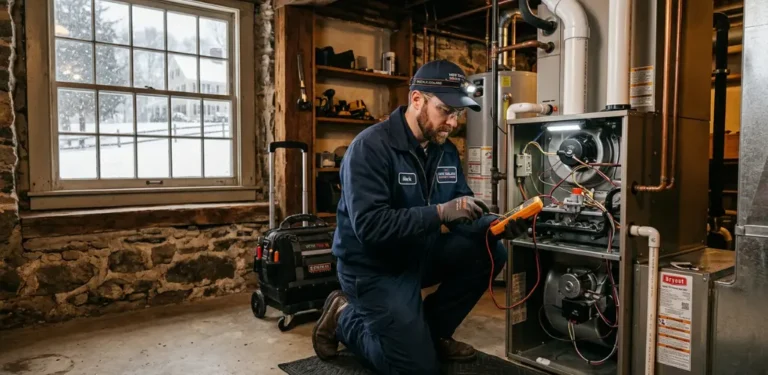 HVAC technician repairing a furnace in a Massachusetts home during winter