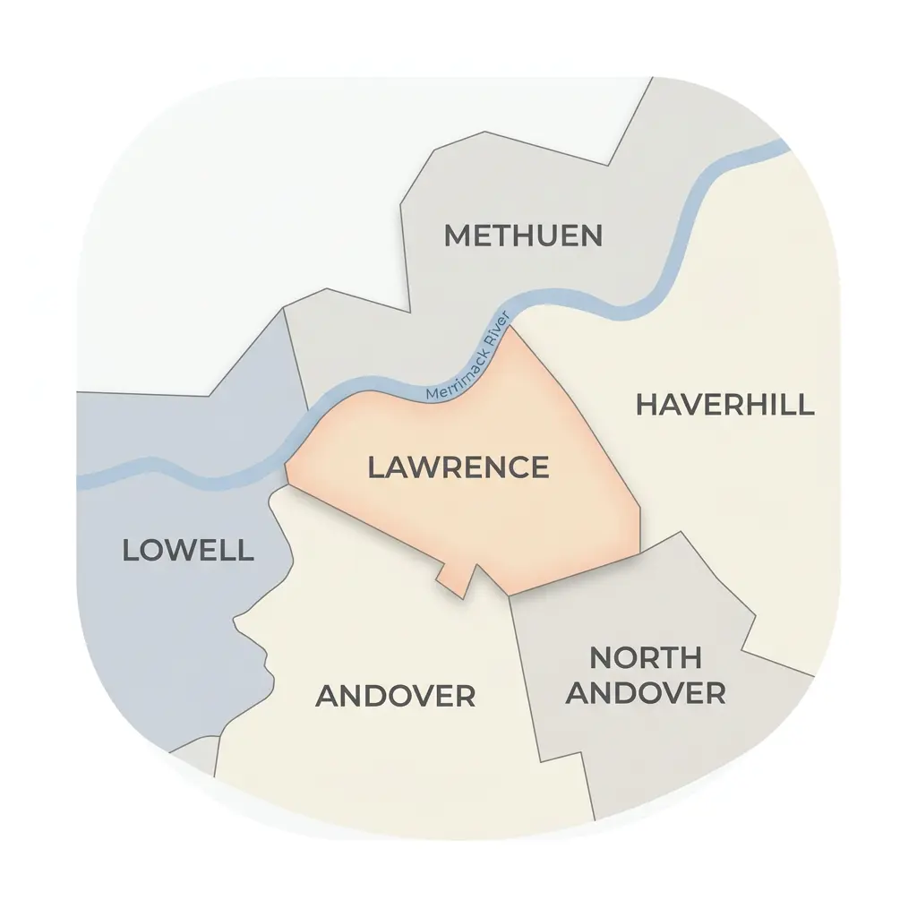 Map showing Lawrence Massachusetts and surrounding Merrimack Valley towns including Methuen Andover and North Andover