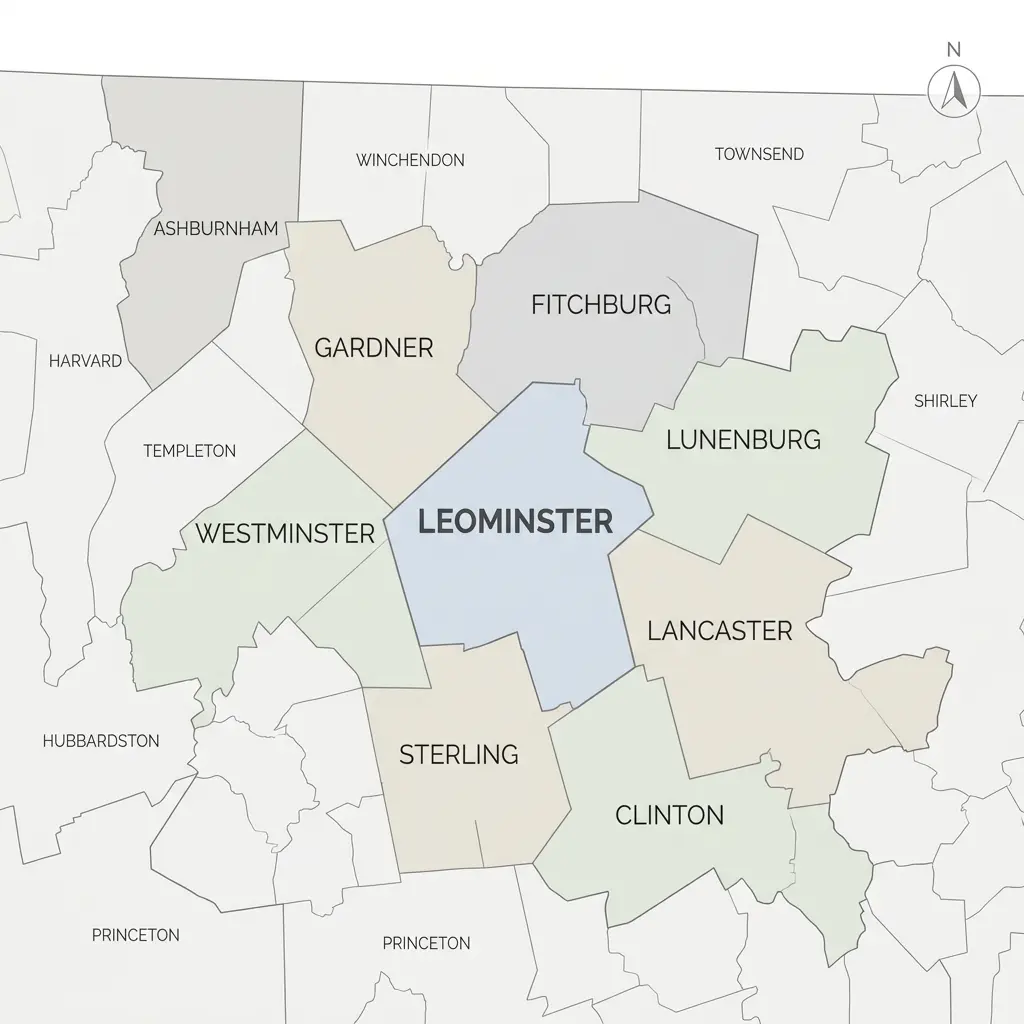 Clean map showing Leominster MA and surrounding towns including Fitchburg Gardner Lunenburg Westminster Lancaster Sterling and Clinton