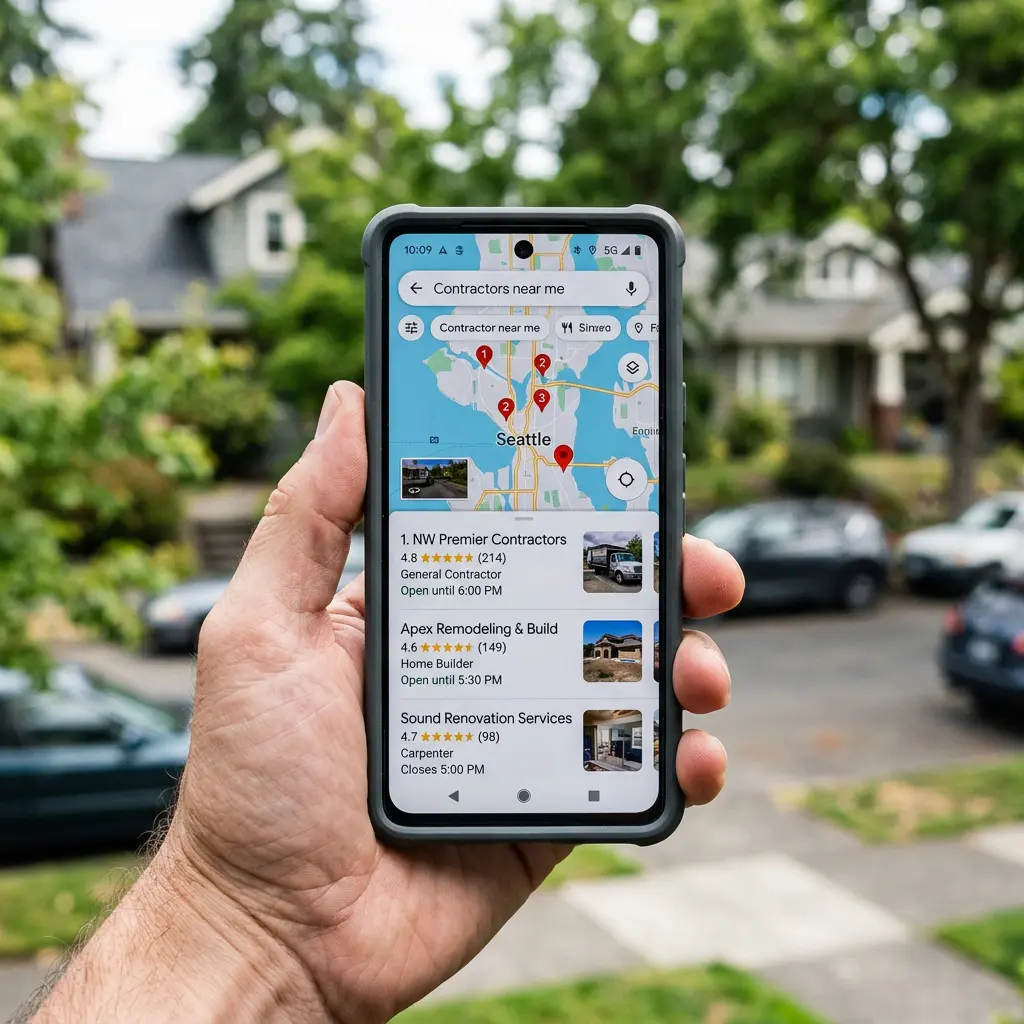 Smartphone showing Google Maps local 3-pack results for a contractor search near me