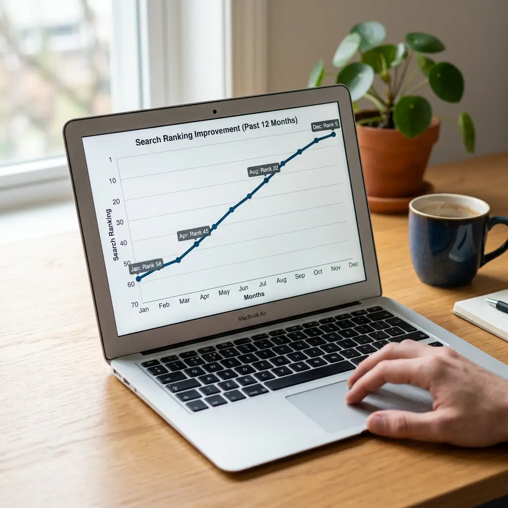 Laptop screen showing upward trending local SEO ranking growth over 12 months for a home service contractor