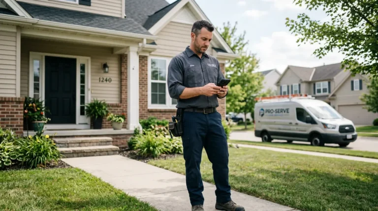 Home service contractor checking local search results on his phone outside a residential property