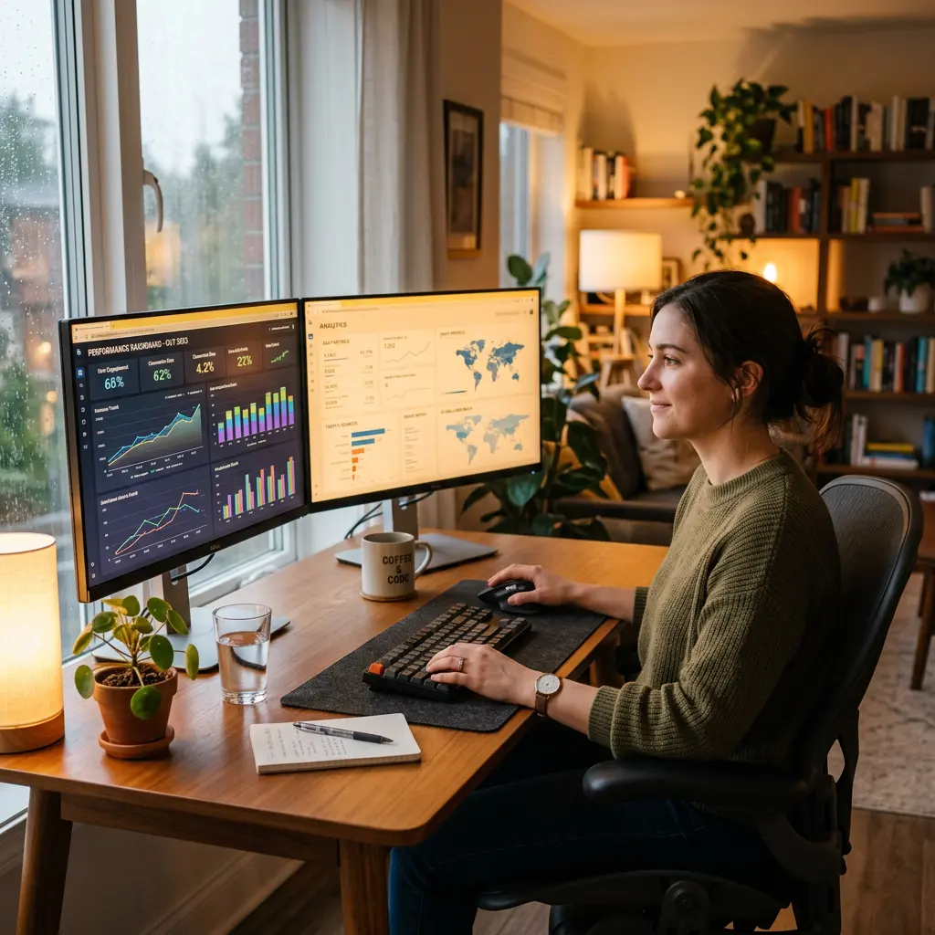 Local SEO specialist reviewing contractor ranking analytics on dual monitors at a clean home office desk