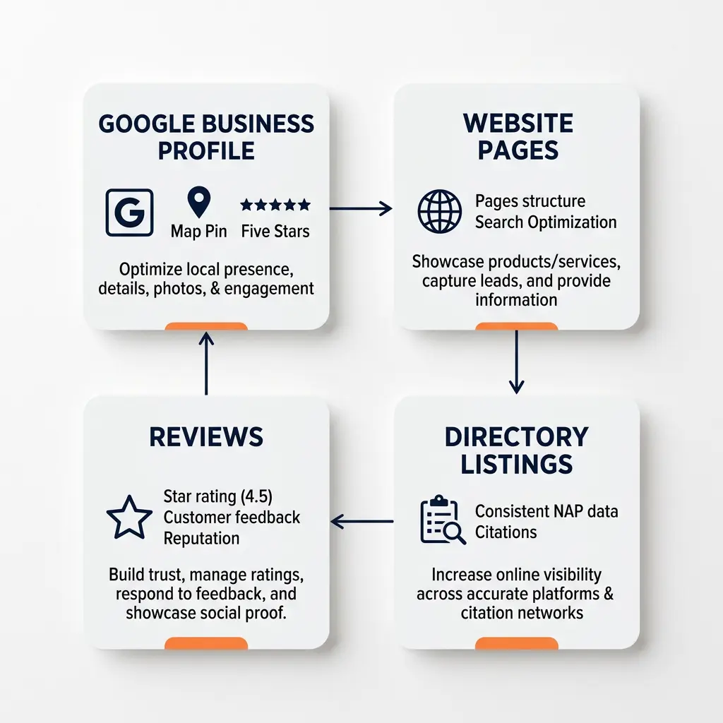 Diagram showing the four components of local SEO services for contractors: Google Business Profile, website pages, directory listings, and reviews