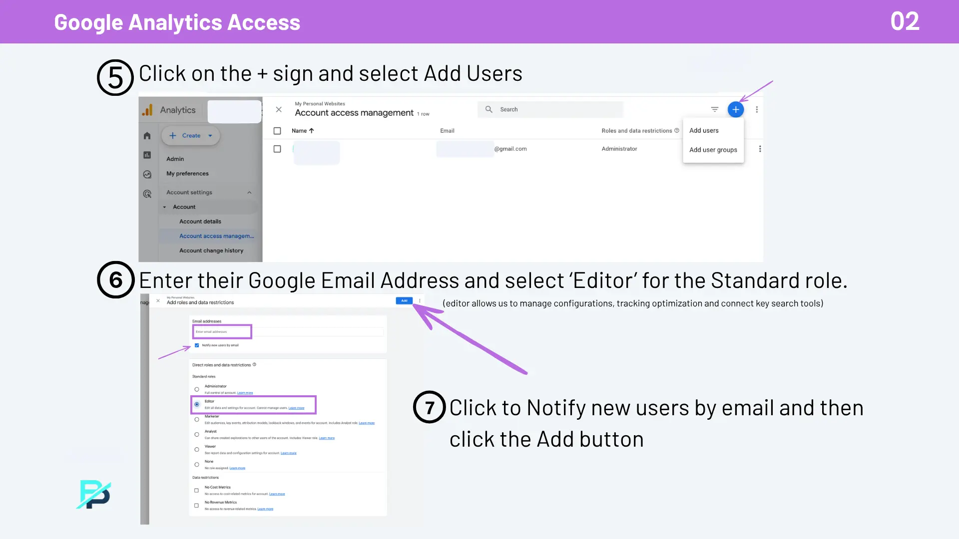 GA4 image of step to add user email and role.