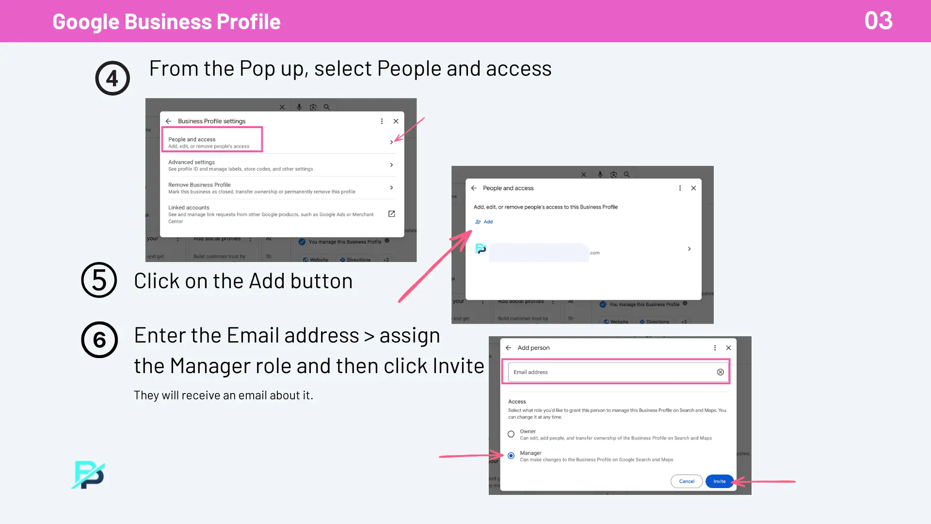 Screen of Google Business Profile and steps for how to add People and provide access.