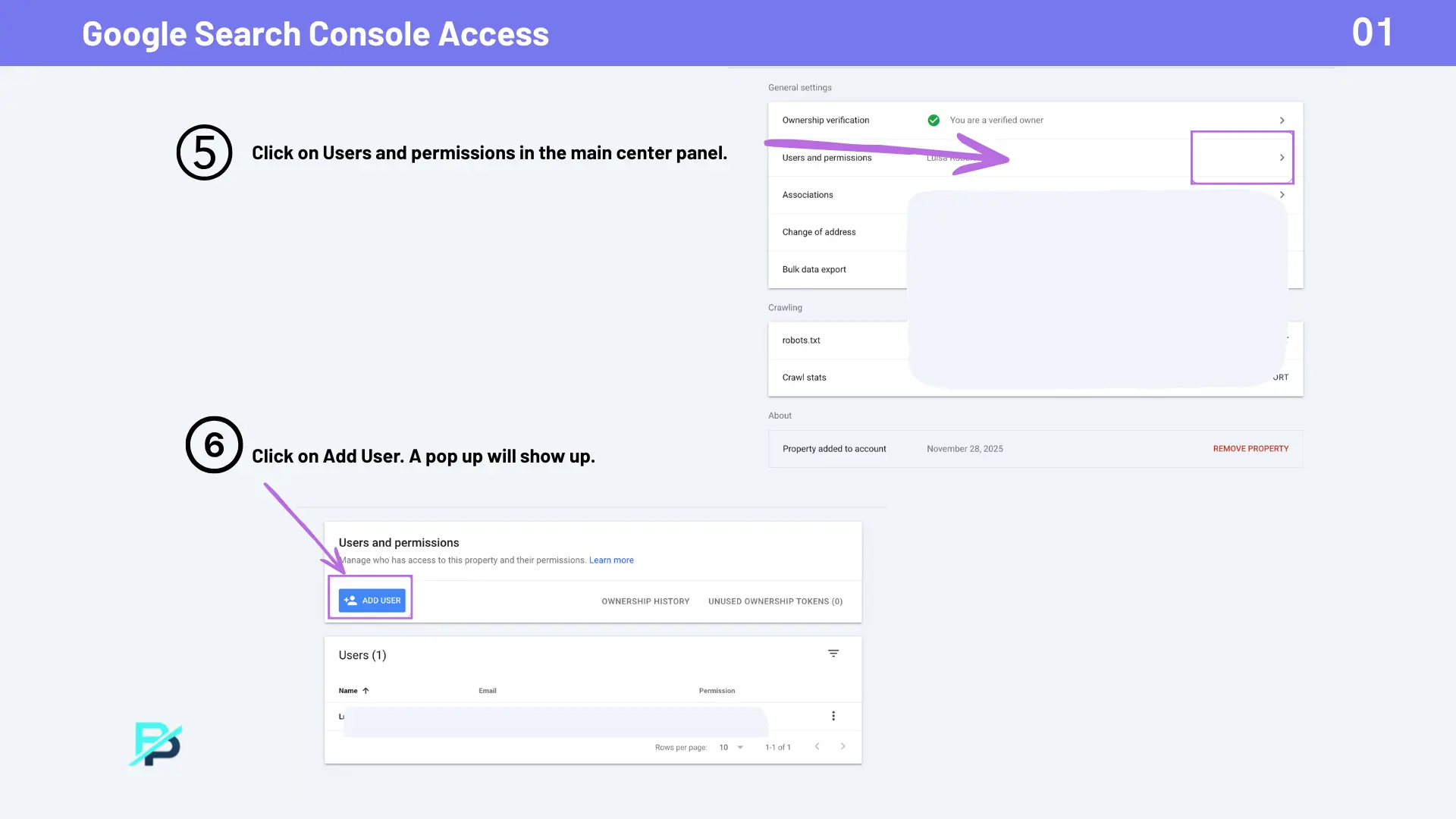 Steps in Google Search Console for adding a new user screenshot