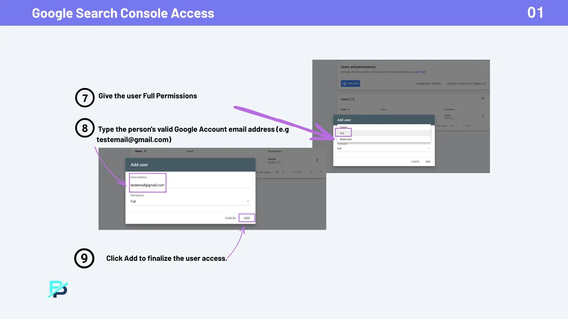 Image of Google Search Console steps to set the user permissions.